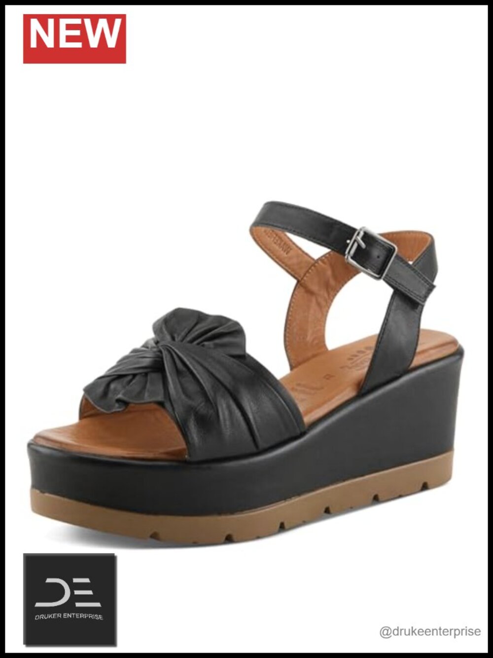 Women's Leather Wedge Sandals with Twisted Flower Detail Hook & Loop Closure